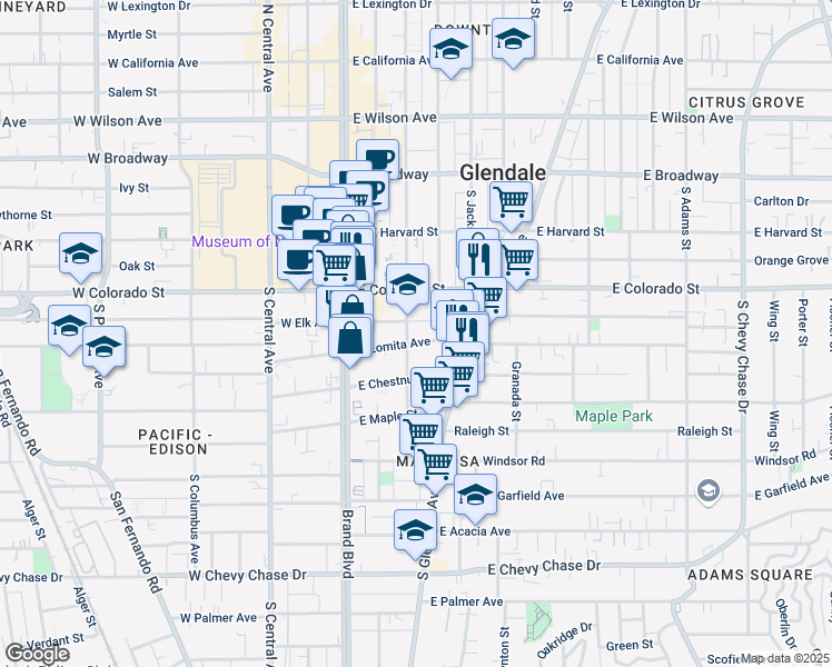map of restaurants, bars, coffee shops, grocery stores, and more near 400 South Louise Street in Glendale
