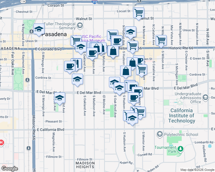 map of restaurants, bars, coffee shops, grocery stores, and more near in Pasadena