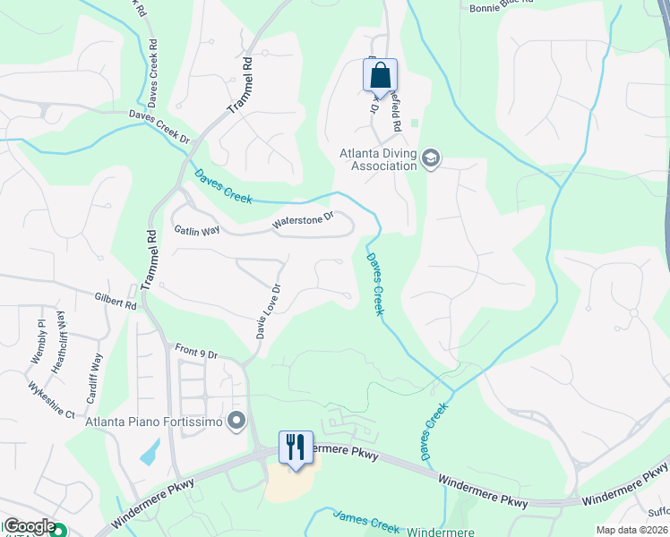 map of restaurants, bars, coffee shops, grocery stores, and more near 5612 Lancashire Lane in Cumming