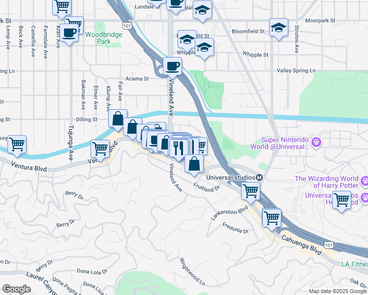 map of restaurants, bars, coffee shops, grocery stores, and more near 10960 Bluffside Drive in Los Angeles