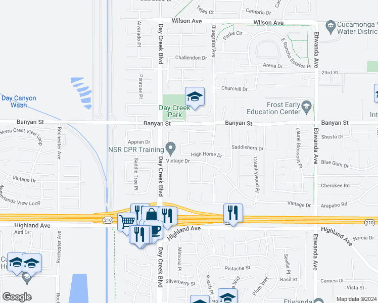 map of restaurants, bars, coffee shops, grocery stores, and more near 12358 High Horse Drive in Rancho Cucamonga