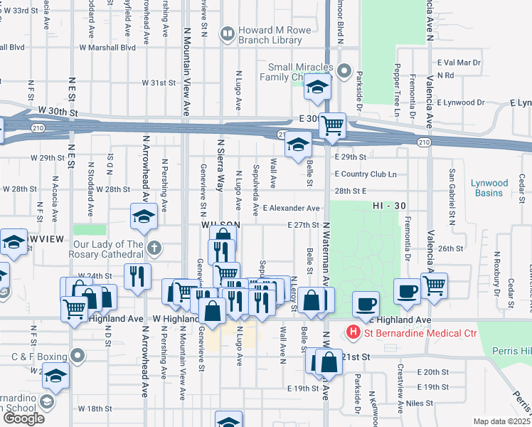 map of restaurants, bars, coffee shops, grocery stores, and more near 197 East Alexander Avenue in San Bernardino
