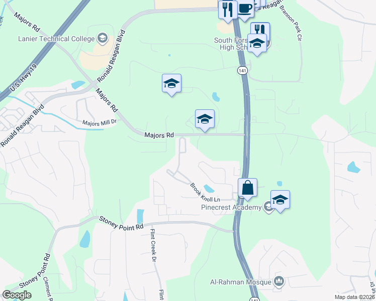 map of restaurants, bars, coffee shops, grocery stores, and more near 1945 Brannon Commons Circle in Cumming