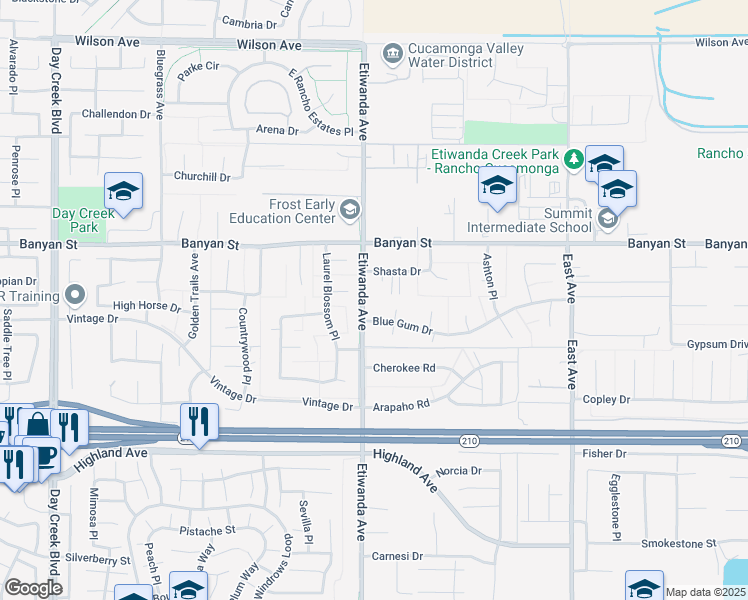map of restaurants, bars, coffee shops, grocery stores, and more near 6207 Etiwanda Avenue in Rancho Cucamonga