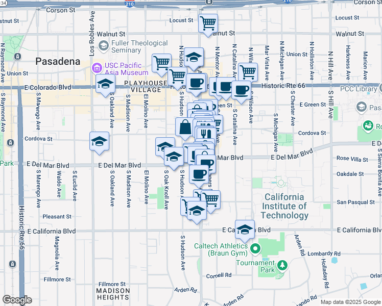 map of restaurants, bars, coffee shops, grocery stores, and more near 251 South Lake Avenue in Pasadena