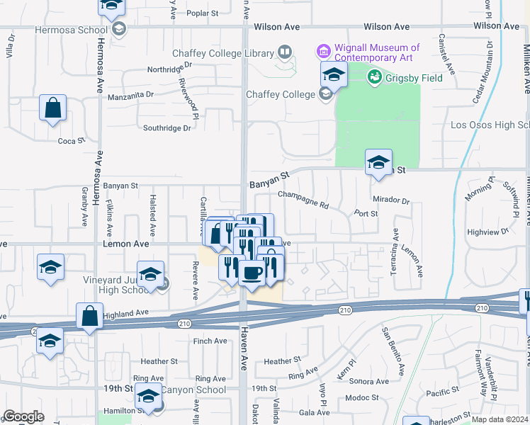 map of restaurants, bars, coffee shops, grocery stores, and more near 6214 Valinda Avenue in Rancho Cucamonga