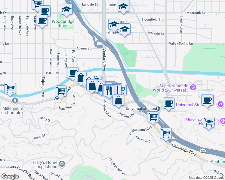 map of restaurants, bars, coffee shops, grocery stores, and more near 10960 Bluffside Drive in Los Angeles
