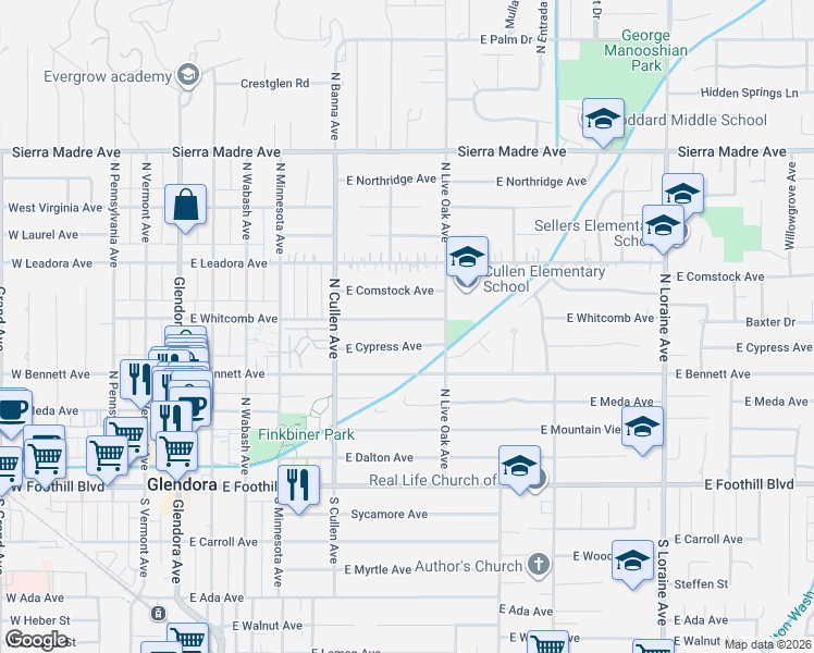 map of restaurants, bars, coffee shops, grocery stores, and more near 618 East Whitcomb Avenue in Glendora