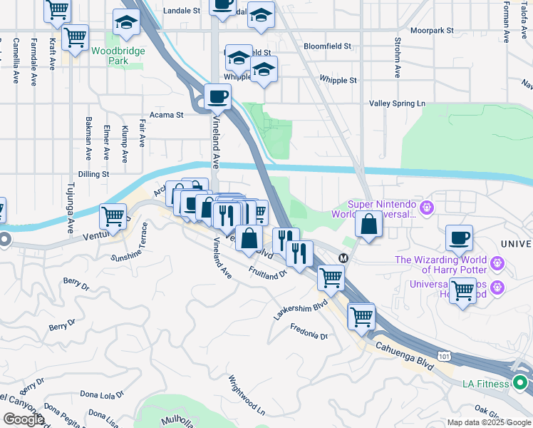 map of restaurants, bars, coffee shops, grocery stores, and more near 10911 Bluffside Drive in Los Angeles