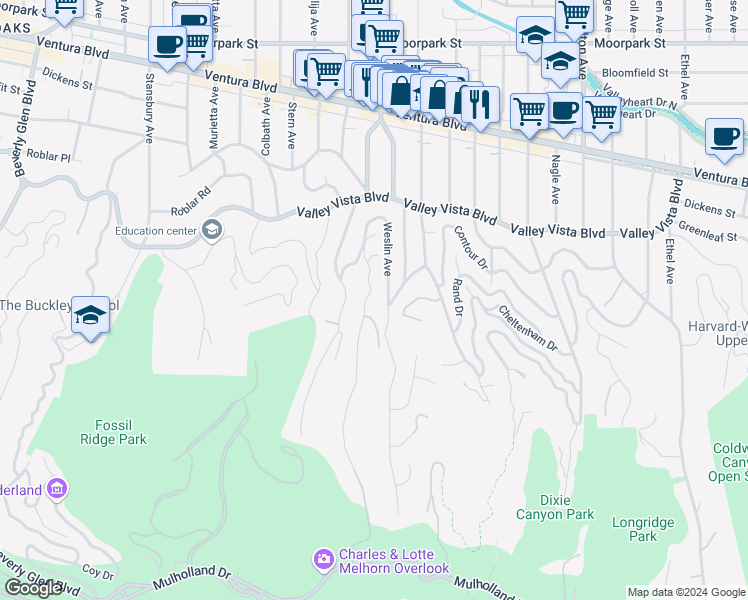 map of restaurants, bars, coffee shops, grocery stores, and more near 3916 Glenridge Drive in Los Angeles