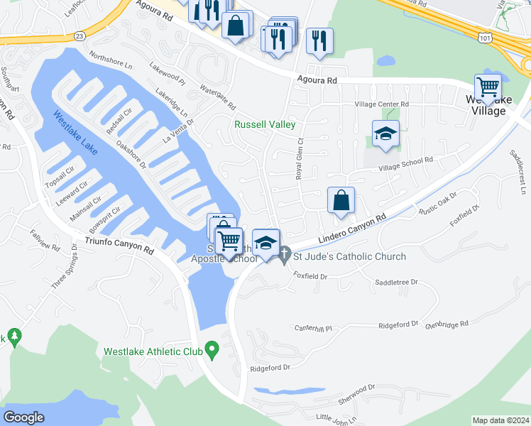 map of restaurants, bars, coffee shops, grocery stores, and more near 32104 Beachlake Lane in Westlake Village