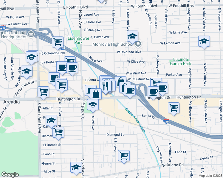 map of restaurants, bars, coffee shops, grocery stores, and more near 411 Huntington Drive in Arcadia