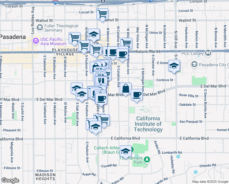map of restaurants, bars, coffee shops, grocery stores, and more near 987 East Del Mar Boulevard in Pasadena