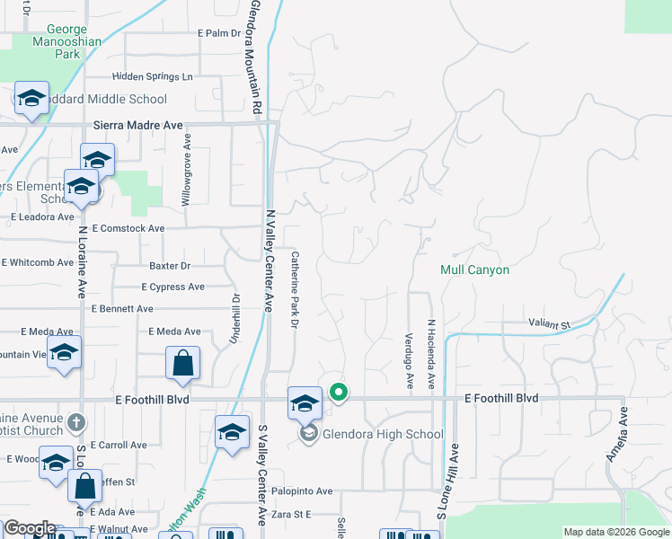 map of restaurants, bars, coffee shops, grocery stores, and more near 353 Oak Knoll Drive in Glendora