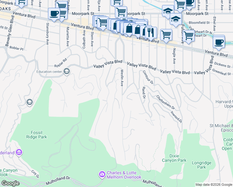 map of restaurants, bars, coffee shops, grocery stores, and more near 3916 Glenridge Drive in Los Angeles