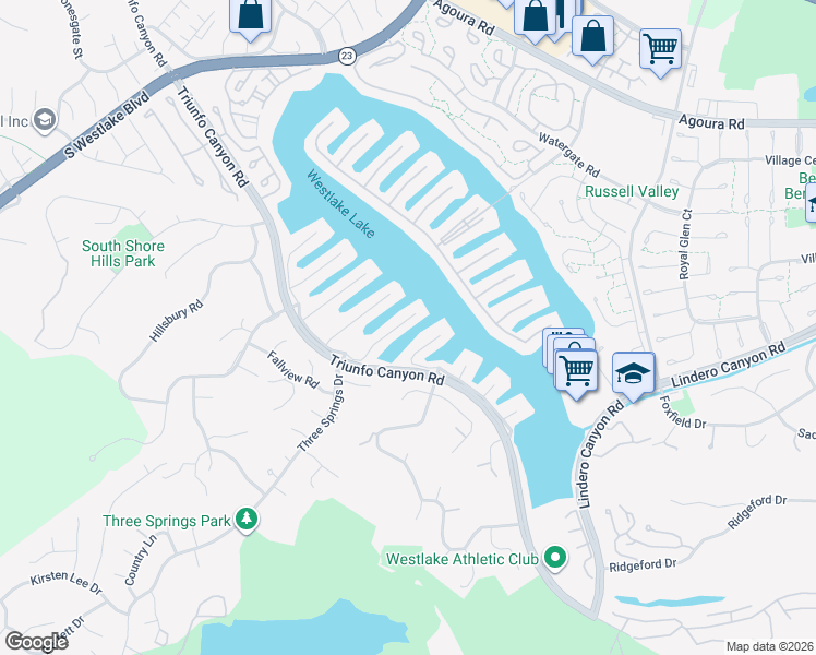 map of restaurants, bars, coffee shops, grocery stores, and more near 3826 Bowsprit Circle in Westlake Village