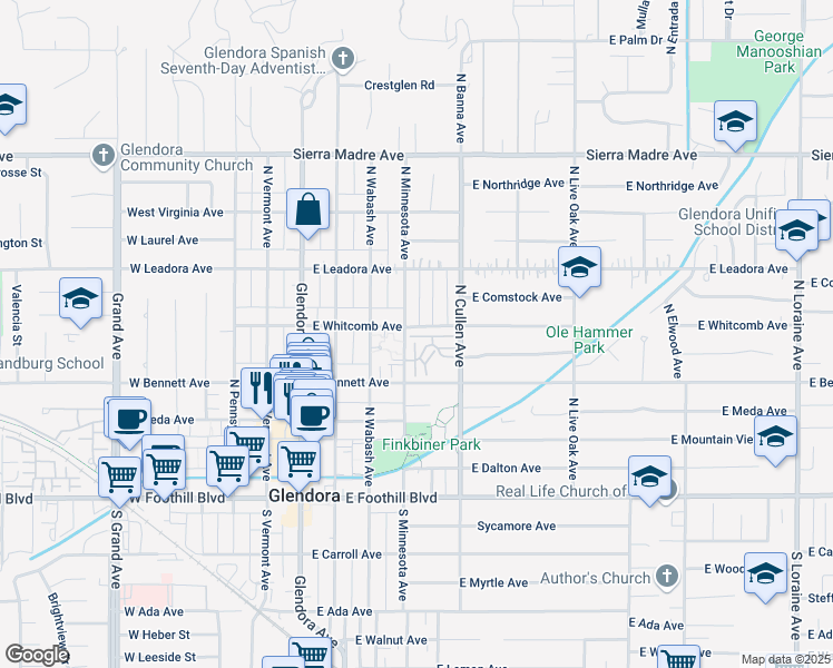 map of restaurants, bars, coffee shops, grocery stores, and more near 408 North Minnesota Avenue in Glendora