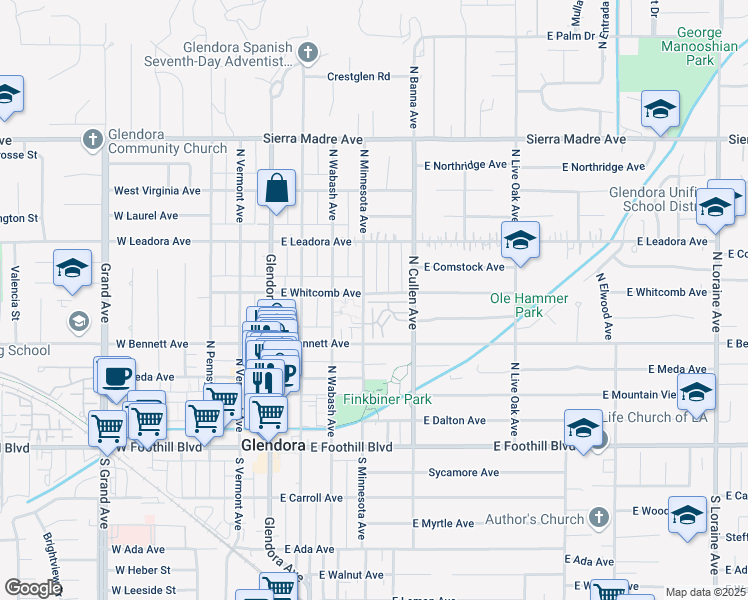 map of restaurants, bars, coffee shops, grocery stores, and more near 443 East Bougainvillea Lane in Glendora