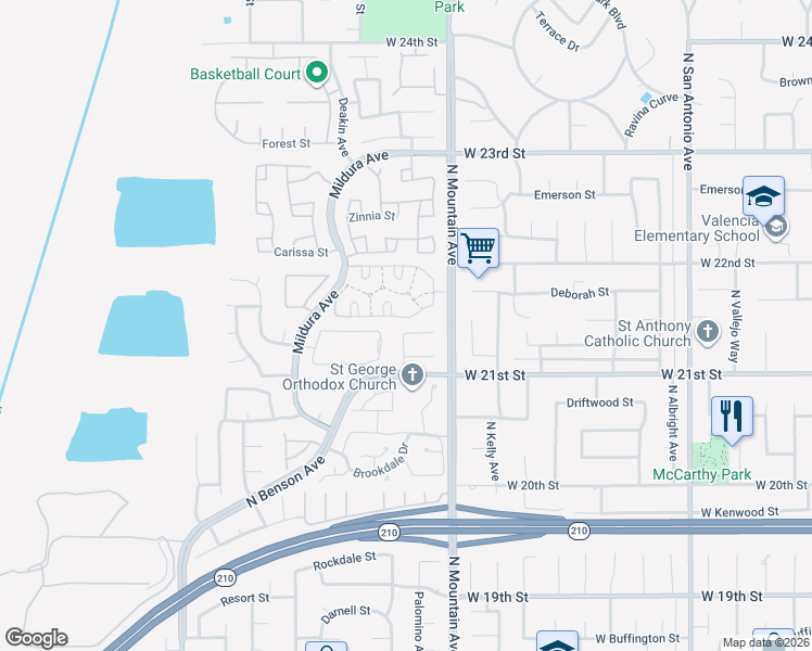 map of restaurants, bars, coffee shops, grocery stores, and more near 1261 Meadow Court in Upland