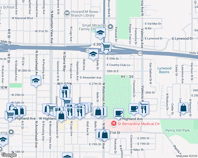 map of restaurants, bars, coffee shops, grocery stores, and more near 275 East Alexander Avenue in San Bernardino