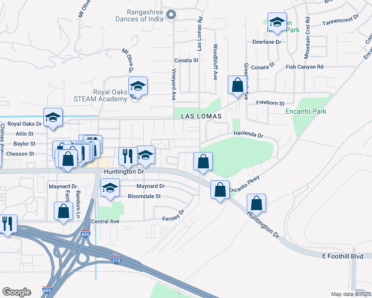 map of restaurants, bars, coffee shops, grocery stores, and more near 2629 Calle Martos in Duarte