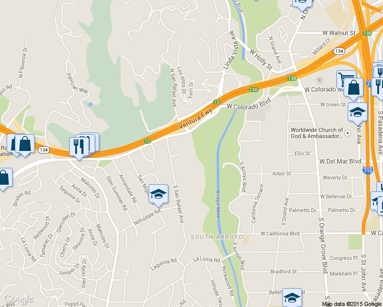 map of restaurants, bars, coffee shops, grocery stores, and more near 1010 San Rafael Lane in Pasadena