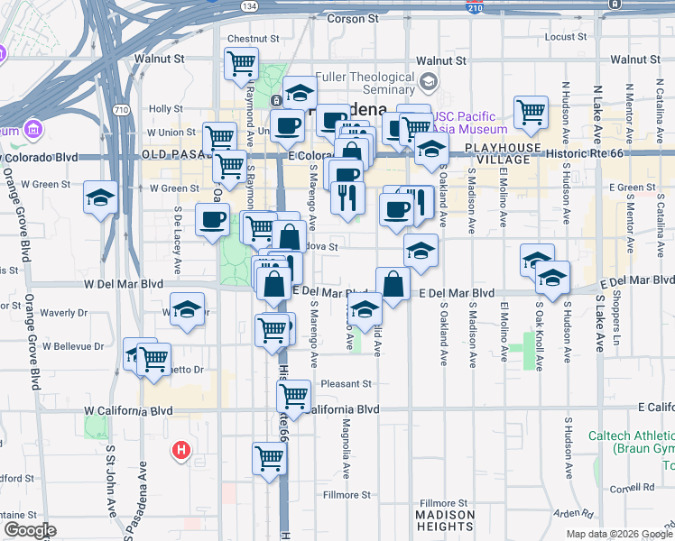 map of restaurants, bars, coffee shops, grocery stores, and more near 250 South Marengo Avenue in Pasadena