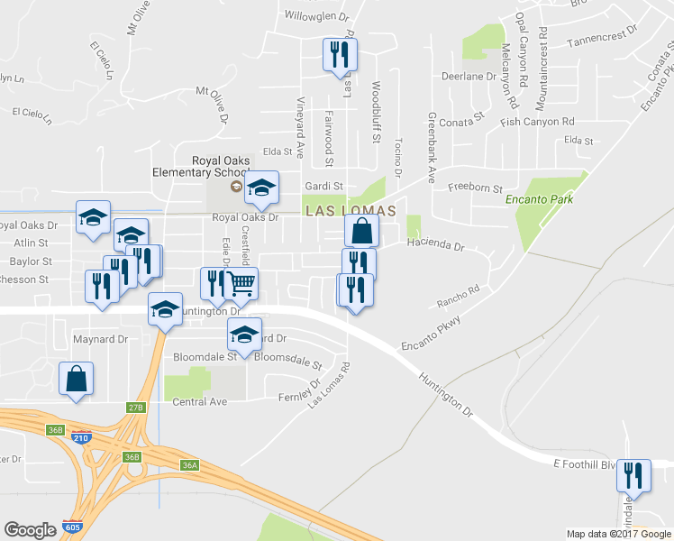 map of restaurants, bars, coffee shops, grocery stores, and more near 2647 Calle Martos in Duarte