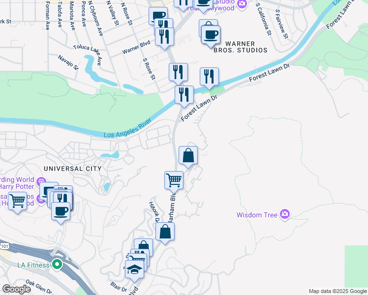 map of restaurants, bars, coffee shops, grocery stores, and more near 3682 Barham Boulevard in Los Angeles
