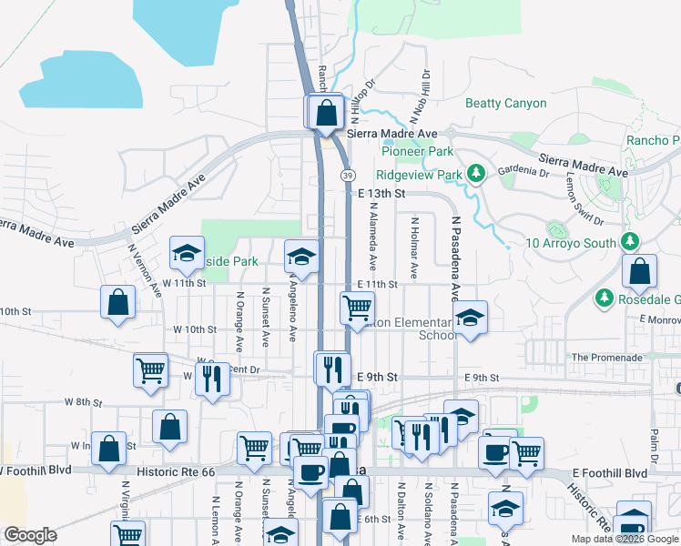 map of restaurants, bars, coffee shops, grocery stores, and more near 1118 North Azusa Avenue in Azusa