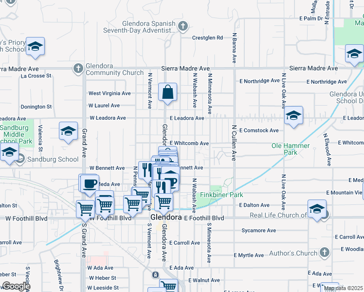 map of restaurants, bars, coffee shops, grocery stores, and more near 354 North Vista Bonita Avenue in Glendora