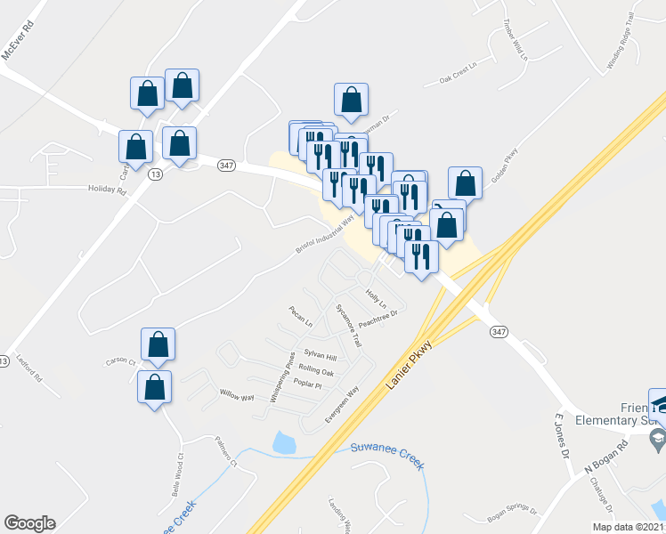 map of restaurants, bars, coffee shops, grocery stores, and more near 4760 Cherry Tree Lane in Buford