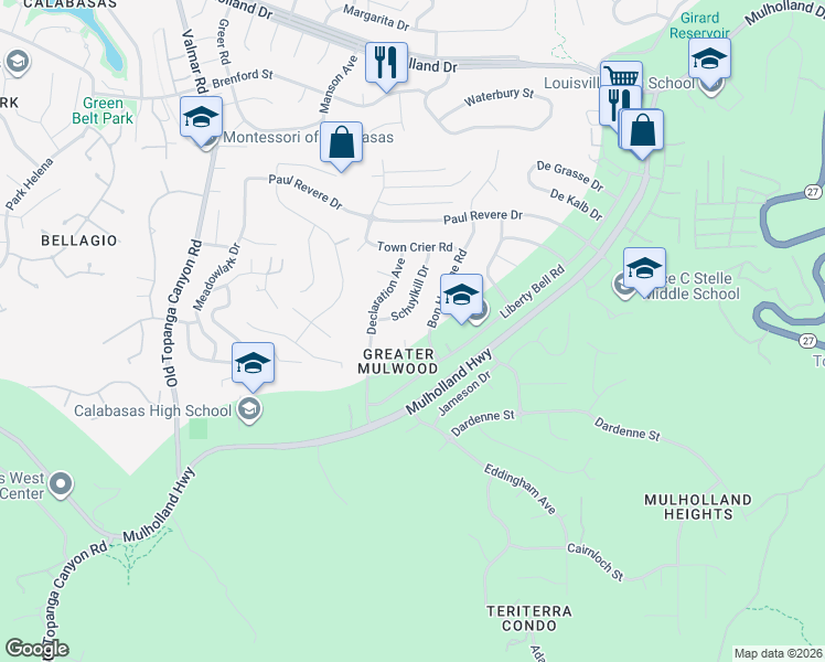 map of restaurants, bars, coffee shops, grocery stores, and more near 22702 Brandywine Drive in Calabasas