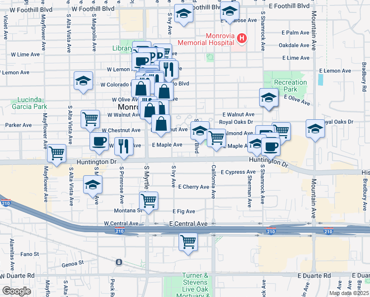 map of restaurants, bars, coffee shops, grocery stores, and more near 228 East Maple Avenue in Monrovia