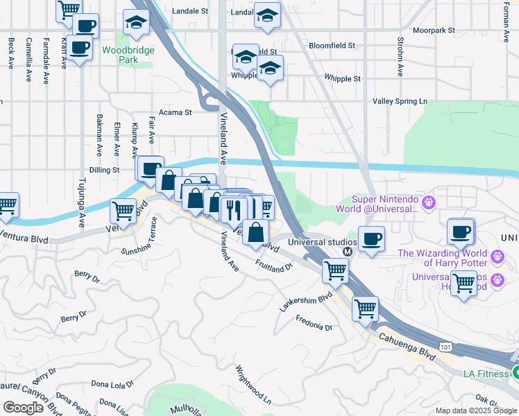 map of restaurants, bars, coffee shops, grocery stores, and more near 10925 Bluffside Drive in Los Angeles