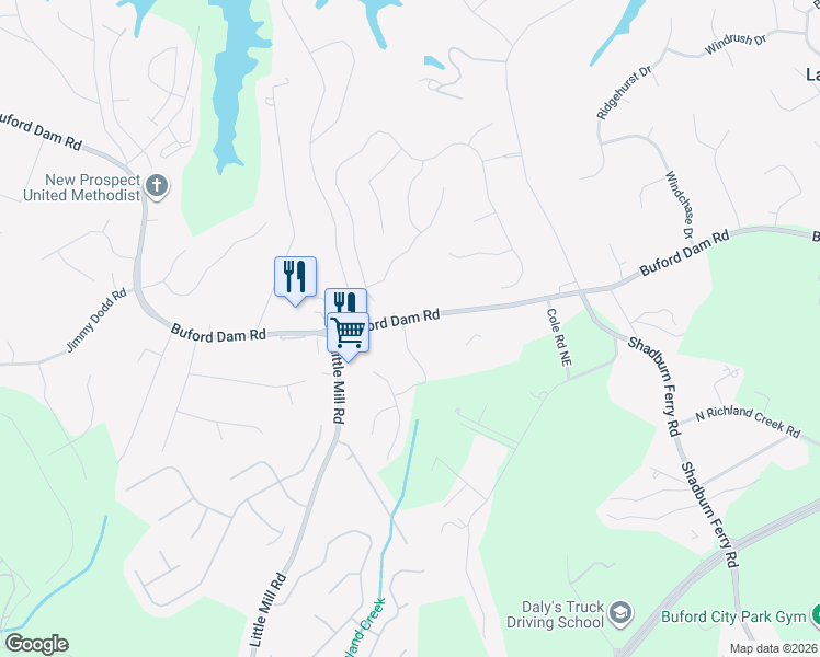 map of restaurants, bars, coffee shops, grocery stores, and more near 5751 Crest Hill Drive Northeast in Buford