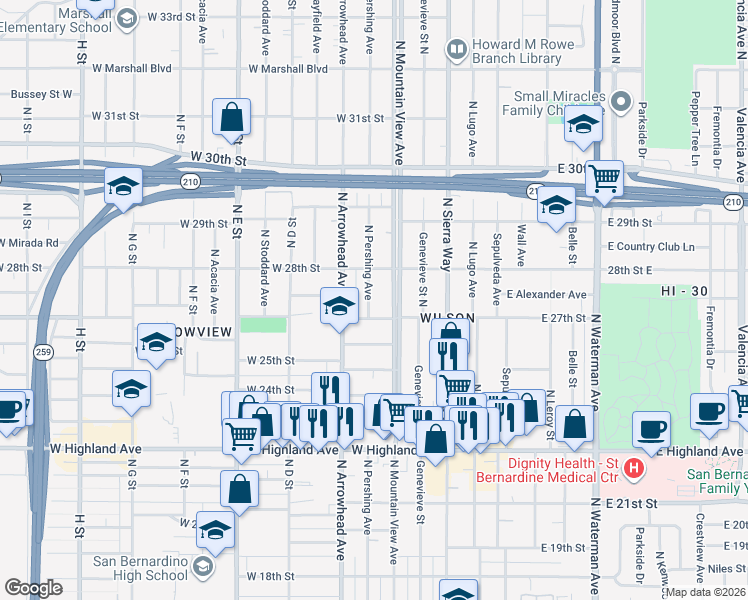 map of restaurants, bars, coffee shops, grocery stores, and more near 2751 North Pershing Avenue in San Bernardino