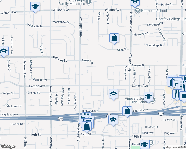 map of restaurants, bars, coffee shops, grocery stores, and more near 9819 Liberty Street in Rancho Cucamonga
