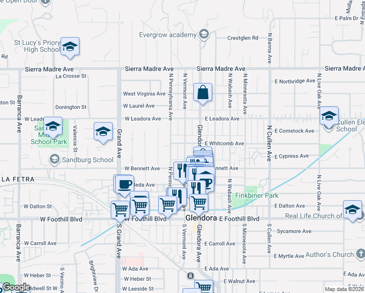 map of restaurants, bars, coffee shops, grocery stores, and more near 207 West Whitcomb Avenue in Glendora