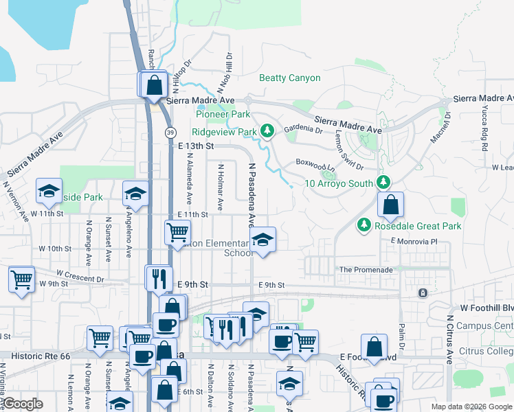map of restaurants, bars, coffee shops, grocery stores, and more near 1111 North Old Mill Road in Azusa