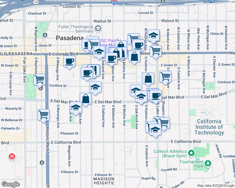 map of restaurants, bars, coffee shops, grocery stores, and more near 266 South Madison Avenue in Pasadena
