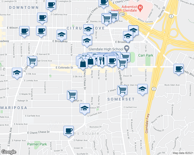 map of restaurants, bars, coffee shops, grocery stores, and more near 405 Porter Street in Glendale