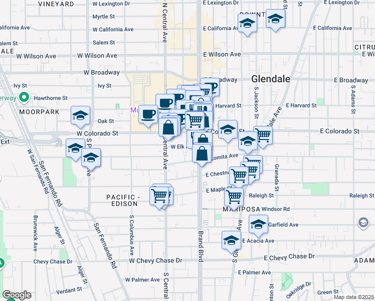 map of restaurants, bars, coffee shops, grocery stores, and more near 401 South Brand Boulevard in Glendale