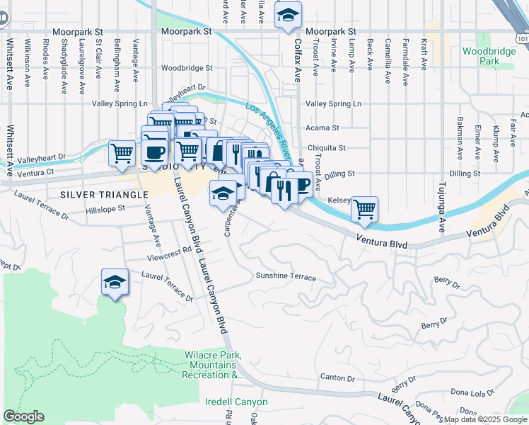 map of restaurants, bars, coffee shops, grocery stores, and more near 11847 Laurelwood Drive in Los Angeles