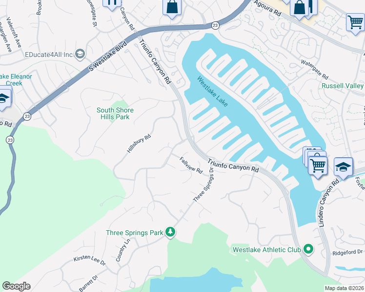 map of restaurants, bars, coffee shops, grocery stores, and more near 2366 Highgate Road in Westlake Village