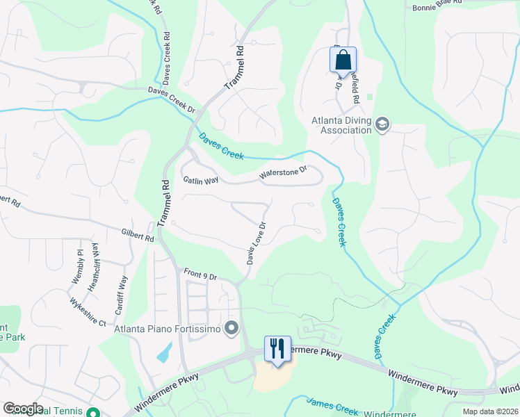 map of restaurants, bars, coffee shops, grocery stores, and more near 5703 Kendrick Lane in Cumming