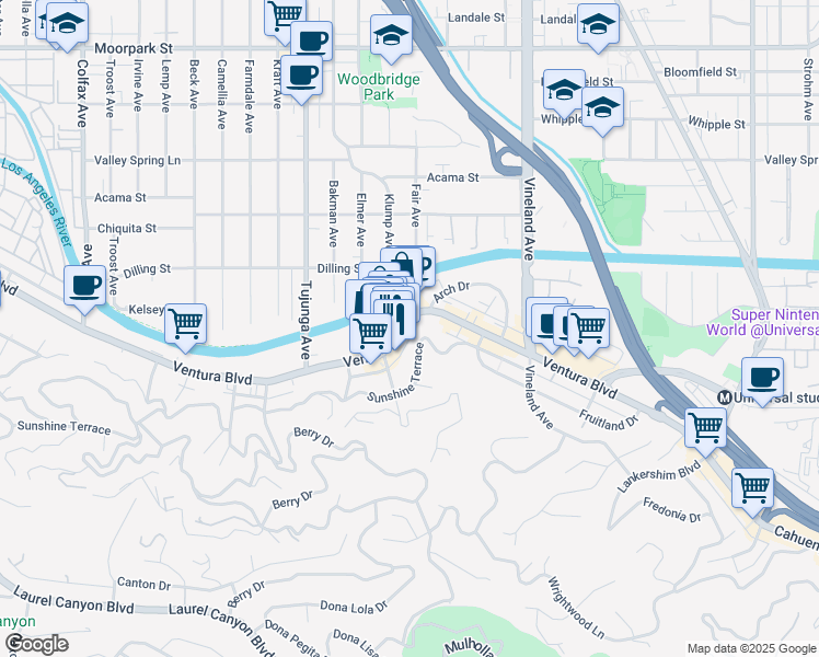 map of restaurants, bars, coffee shops, grocery stores, and more near 11211 West Ventura Boulevard in Los Angeles