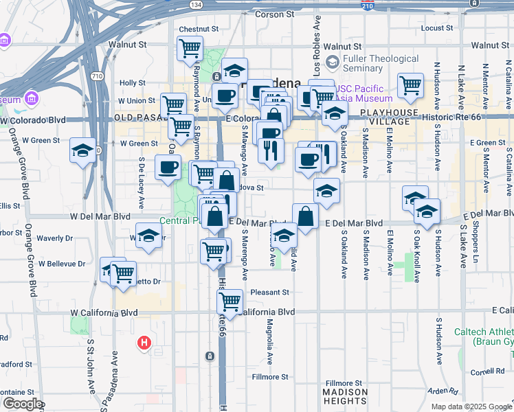 map of restaurants, bars, coffee shops, grocery stores, and more near 236 South Marengo Avenue in Pasadena