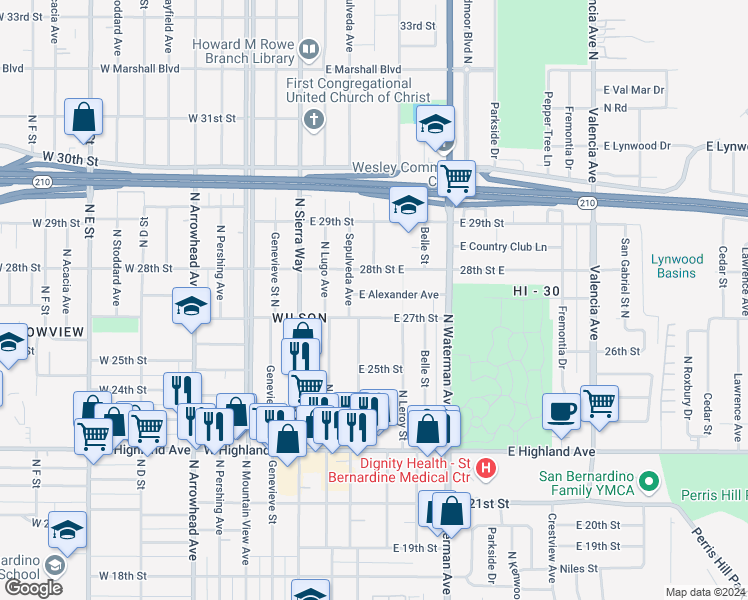 map of restaurants, bars, coffee shops, grocery stores, and more near 197 East Alexander Avenue in San Bernardino