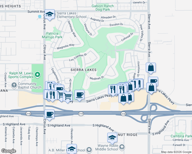 map of restaurants, bars, coffee shops, grocery stores, and more near 16498 Medinah Street in Fontana